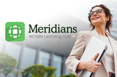 woman with a tablet and the meridians logo